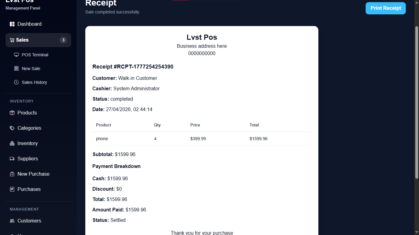 LVST POS receipt screenshot