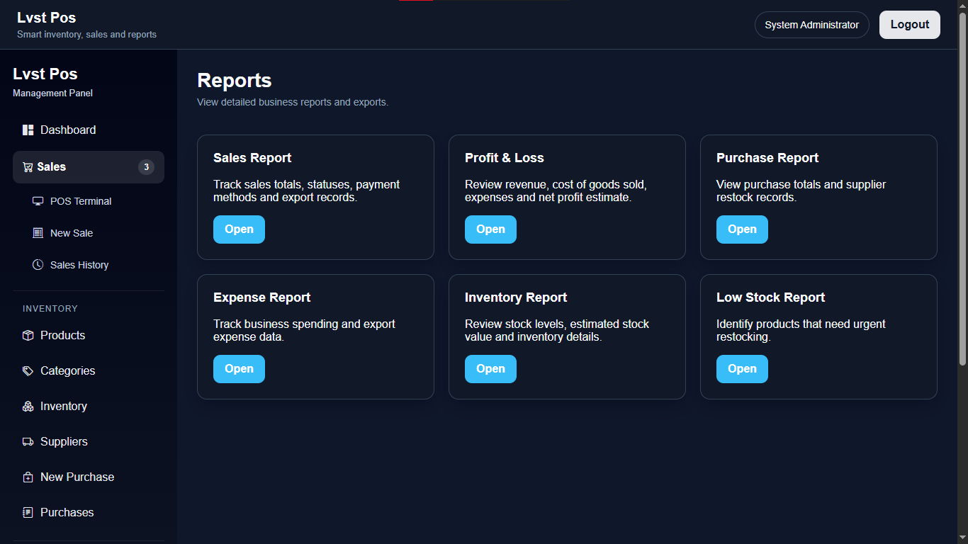 LVST POS reports screenshot