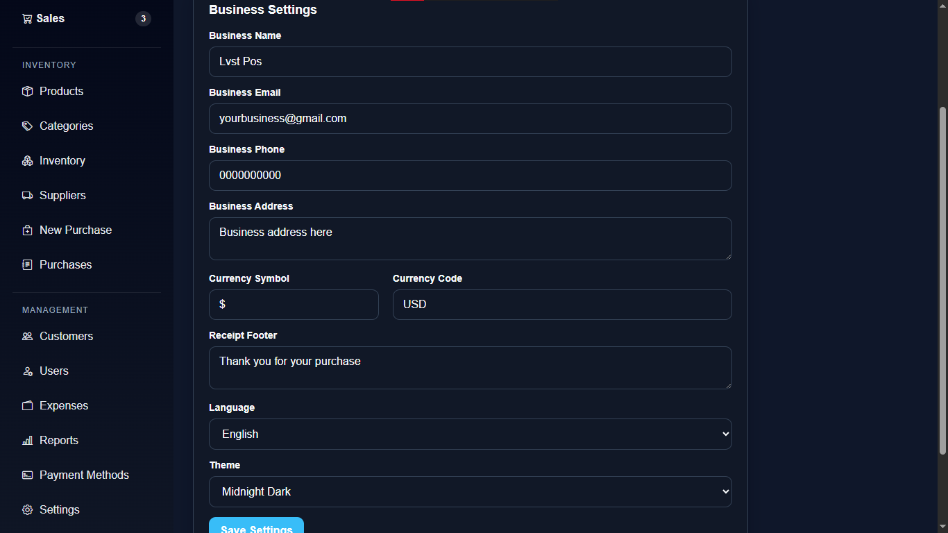 LVST POS settings screenshot